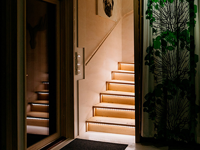Staircase illuminated with LED strips